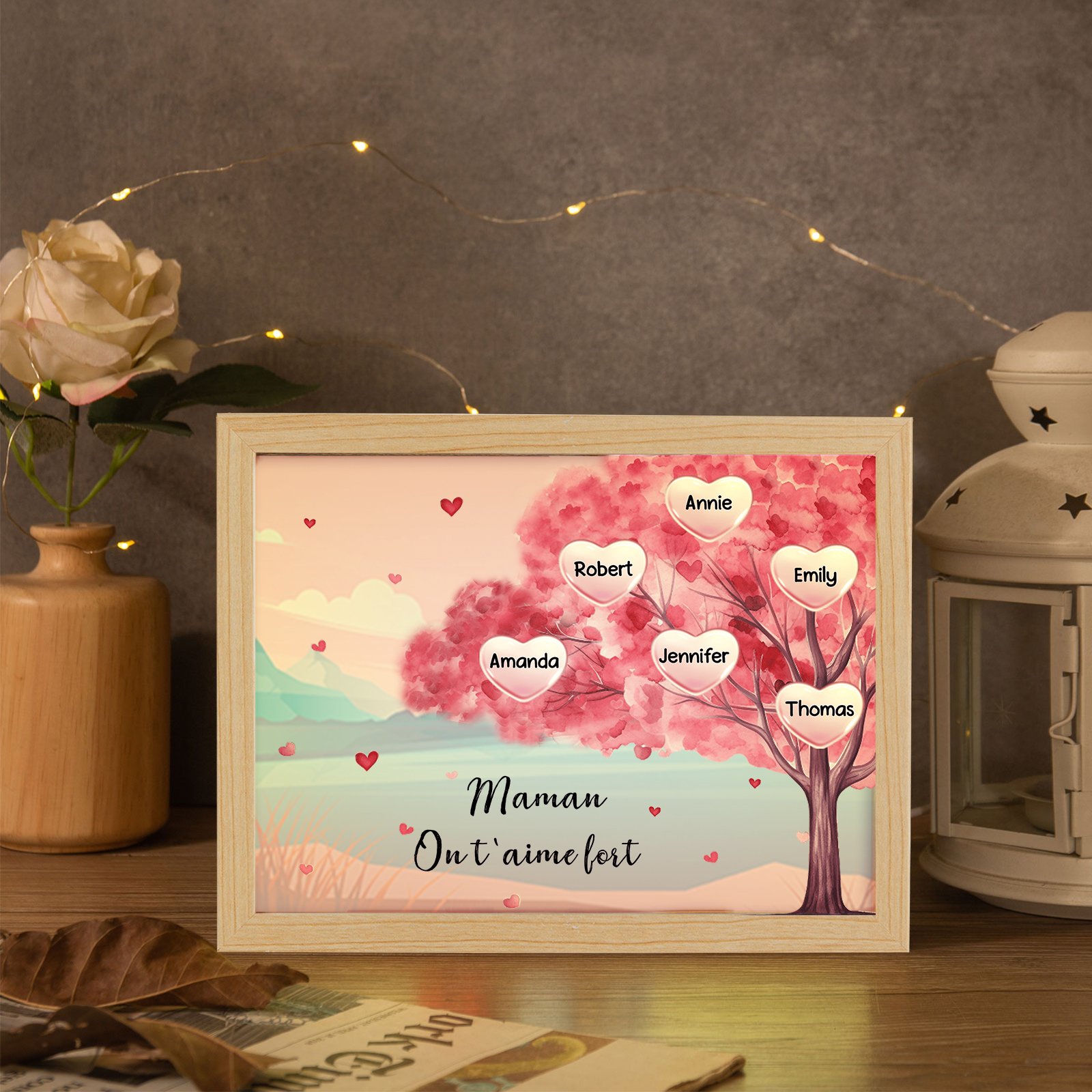 Cadre Photo LED Arbre 6 Prénoms Personnalisés avec 1 Texte Décoration Famille