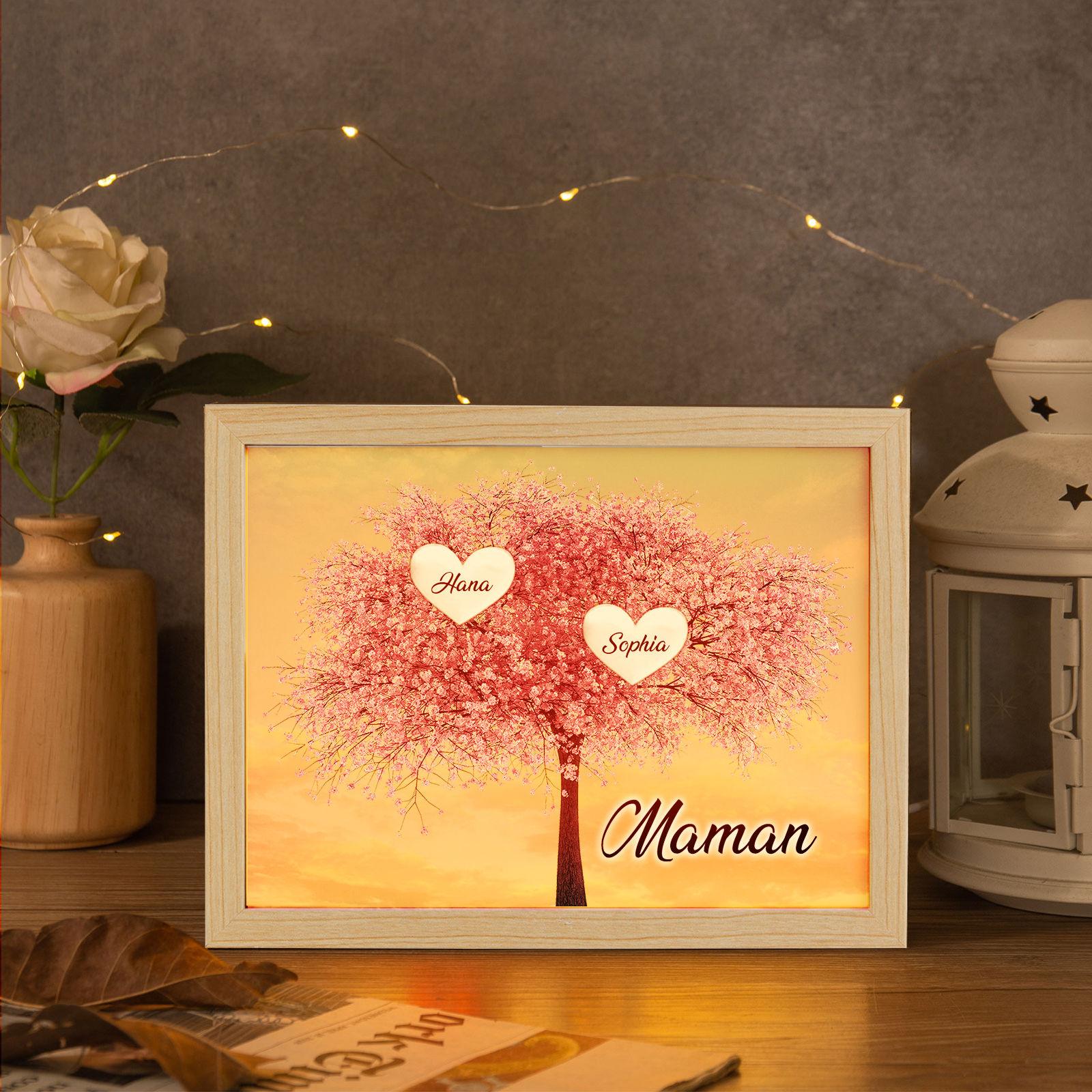 Cadre Photo LED Arbre de Vie 2 Prénoms et 1 Texte Personnalisé Décoration Famille