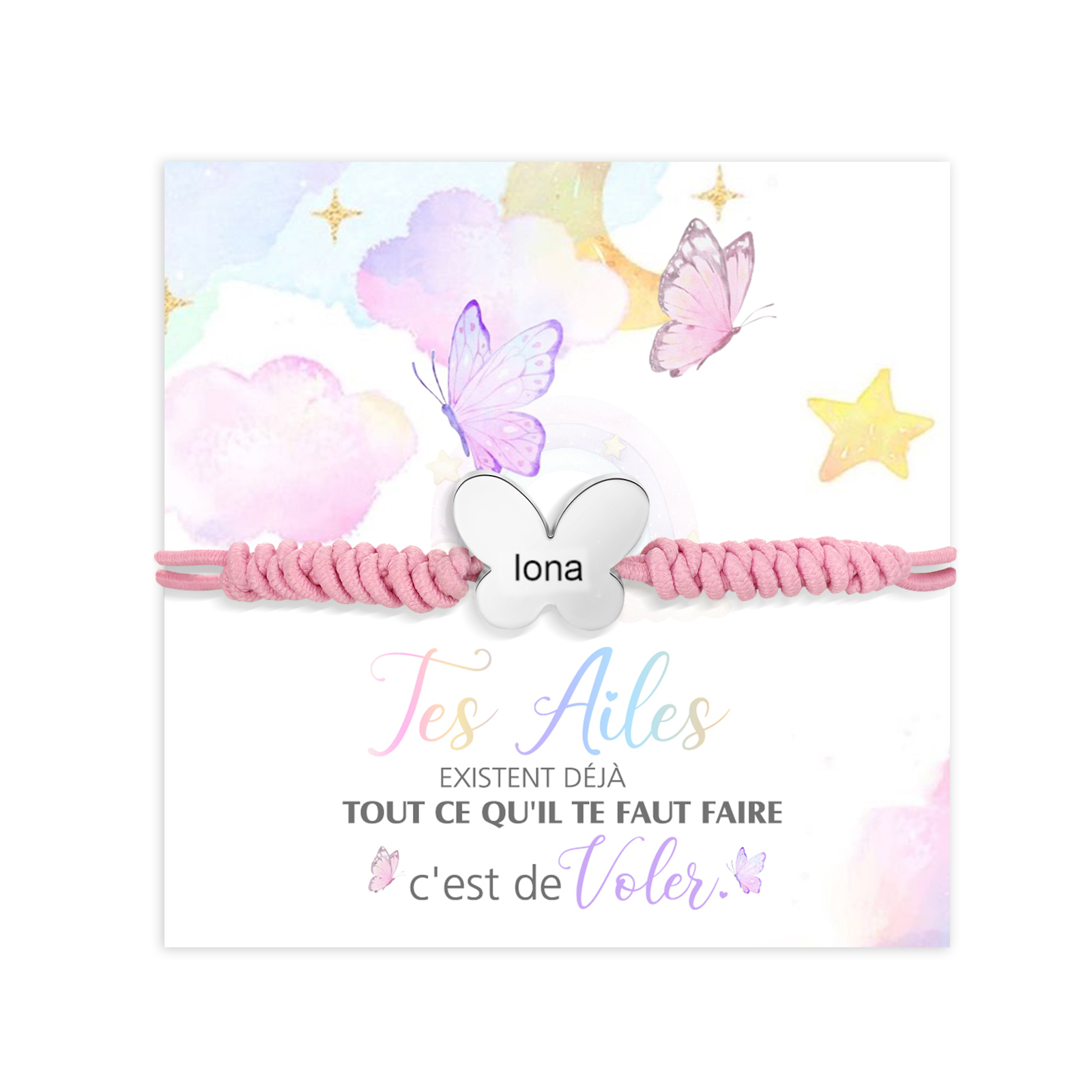 Bracelet Papillon Prénom Personnalisé Corde élastiques - Cadeau Rentrée Scolaire