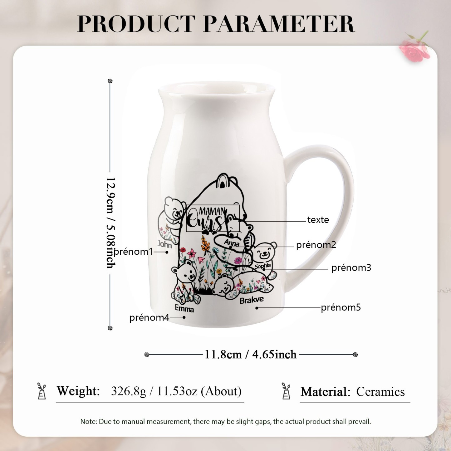 Vase à Fleurs Ours 5 Prénoms Personnalisés avec Texte Décoration de la Maison