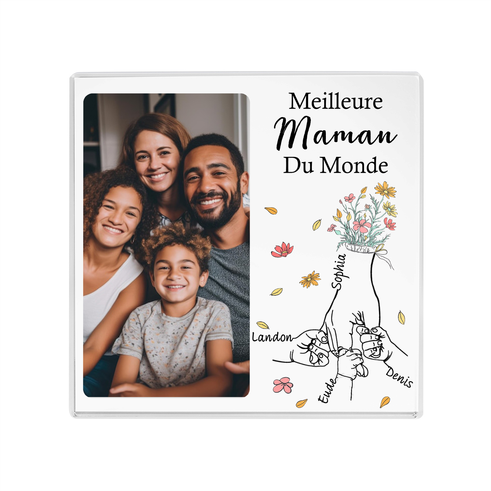 À ma Maman - Plaque Acrylique Carrée la Main dans la Main 4 Prénoms Personnalisés avec Photo