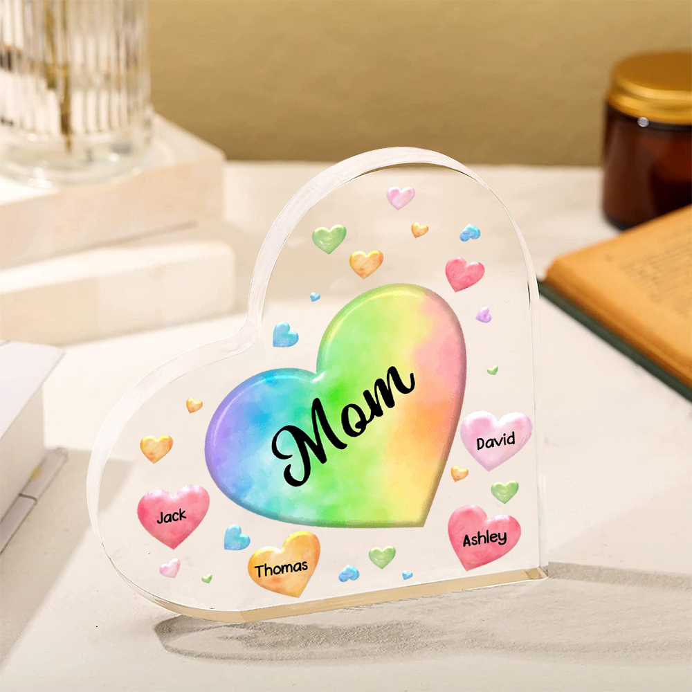 À ma Maman/Mamie - Plaque Acrylique en Forme de Cœur 4 Prénoms Personnalisés avec 1 Texte