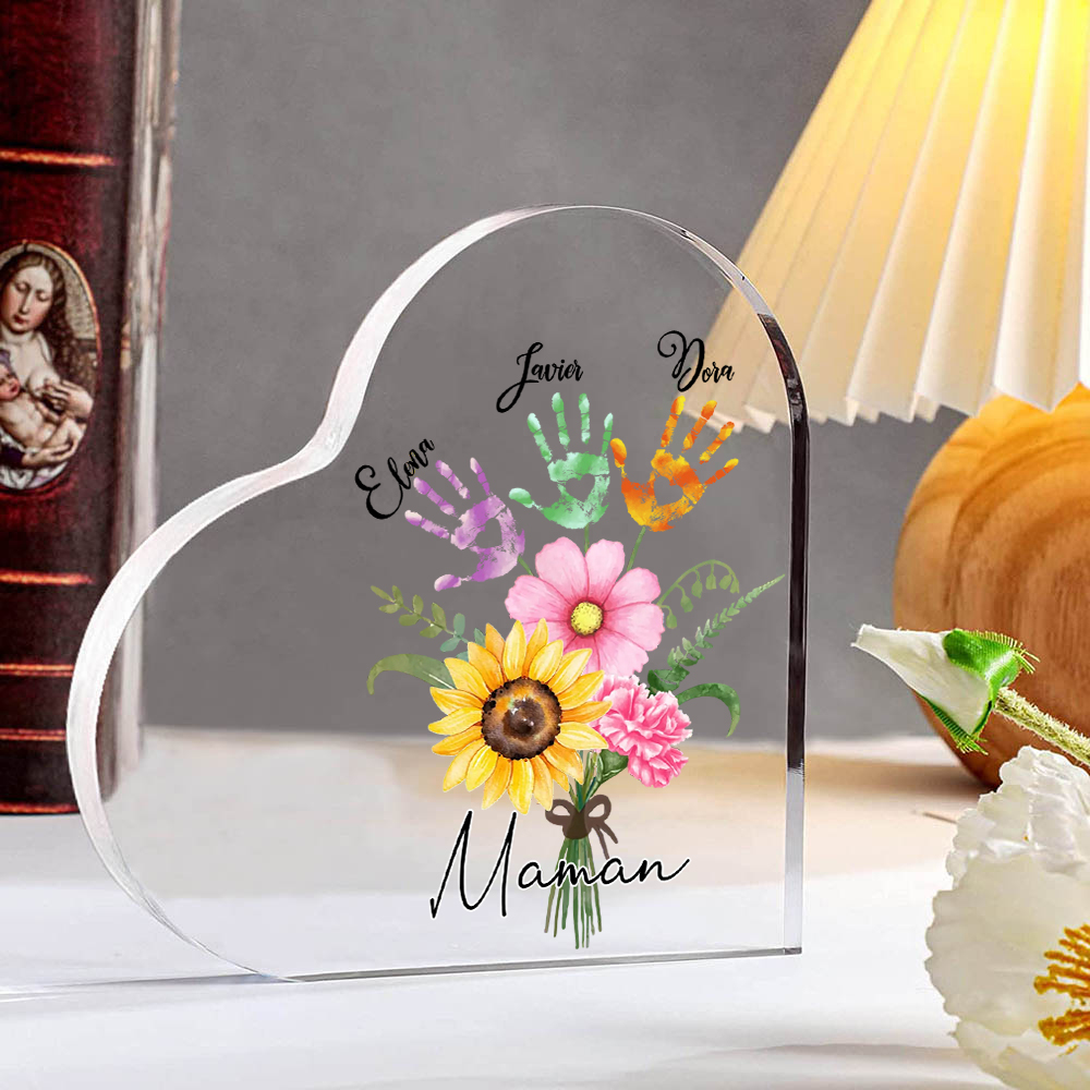 À ma Maman - Plaque Acrylique en Forme de Cœur fleurs 3 Prénoms Personnalisés