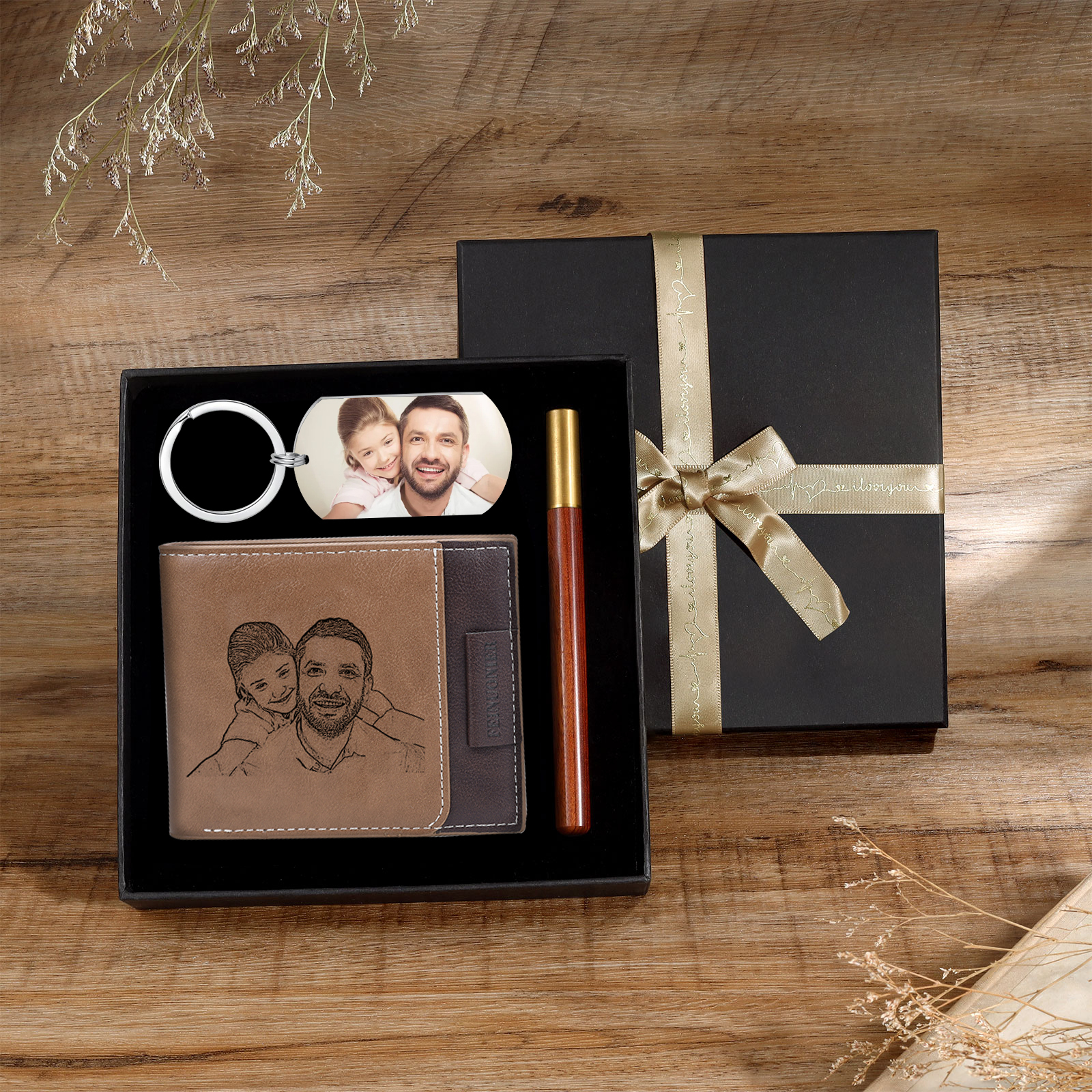 Coffret Cadeau 3PCS - Portefeuille classique Porte-Clés et Stylo 2 Textes 2 Photos Personnalisés Coffret Cadeau pour Homme | Jessemade