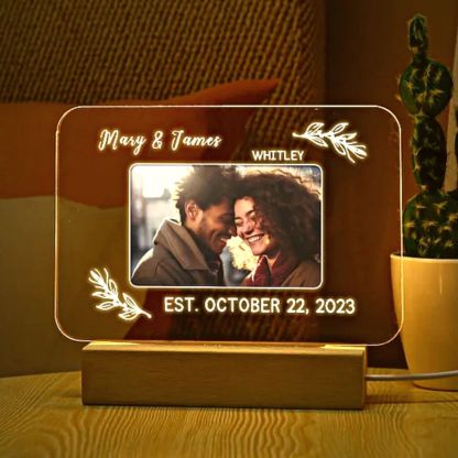 Lampe de chevet LED Lumières 2 Prénoms et 1 Photo Personnalisés avec Texte et Date pour Couple