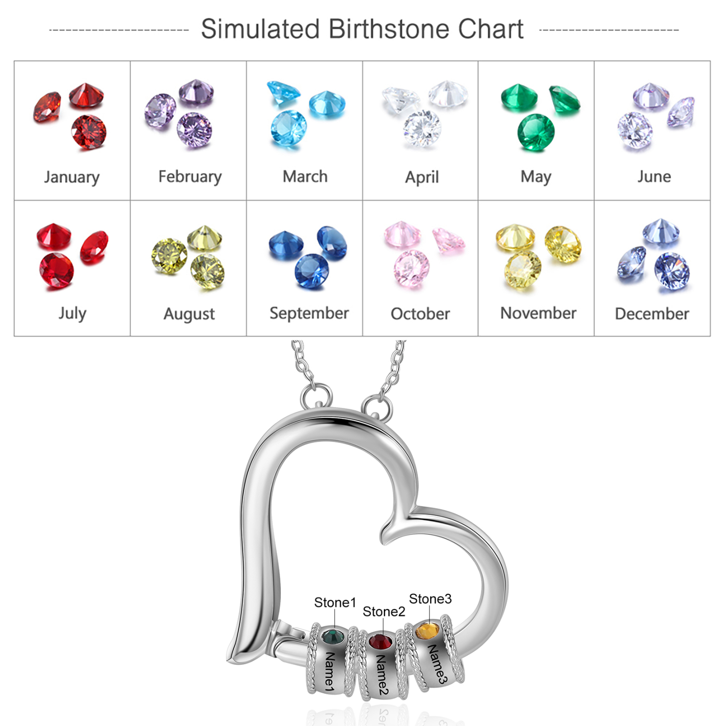 Collier 3 Prénom Personnalisé Pendentif Cœur avec 3 Pierre de Naissance