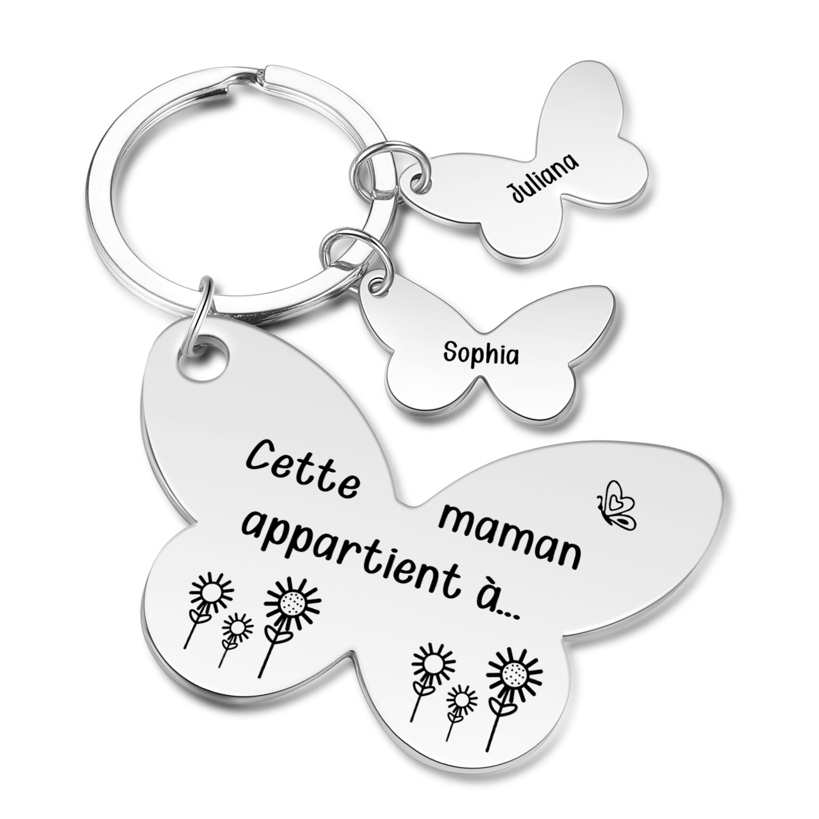À Maman/Mamie - Porte-Clés Papillon 2 Prénoms Personnalisés avec Texte 