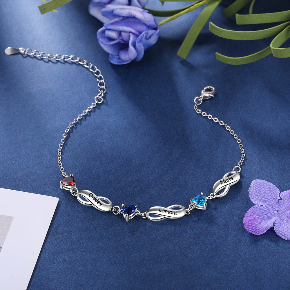 Bracelet infini à Breloque coeurs 3 Prénom Personnalisé avec 3 Pierre de Naissance