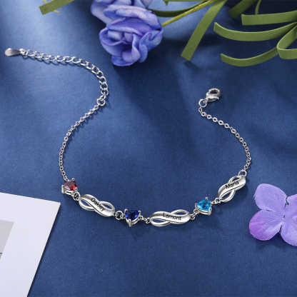 Bracelet infini à Breloque coeurs 3 Prénom Personnalisé avec 3 Pierre de Naissance