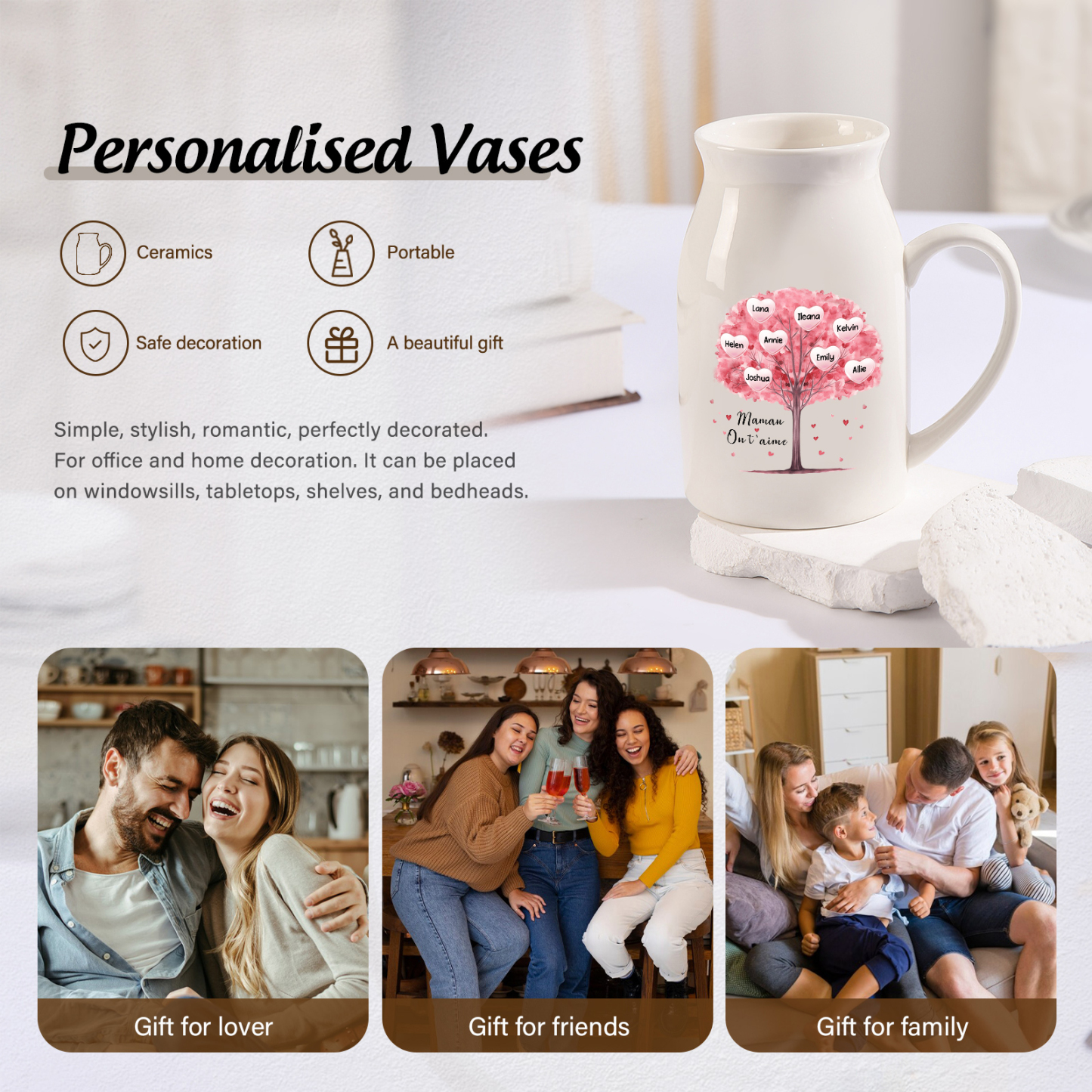 Vase à Fleurs Arbre 8 Prénoms Personnalisés avec Texte Décoration de la Maison