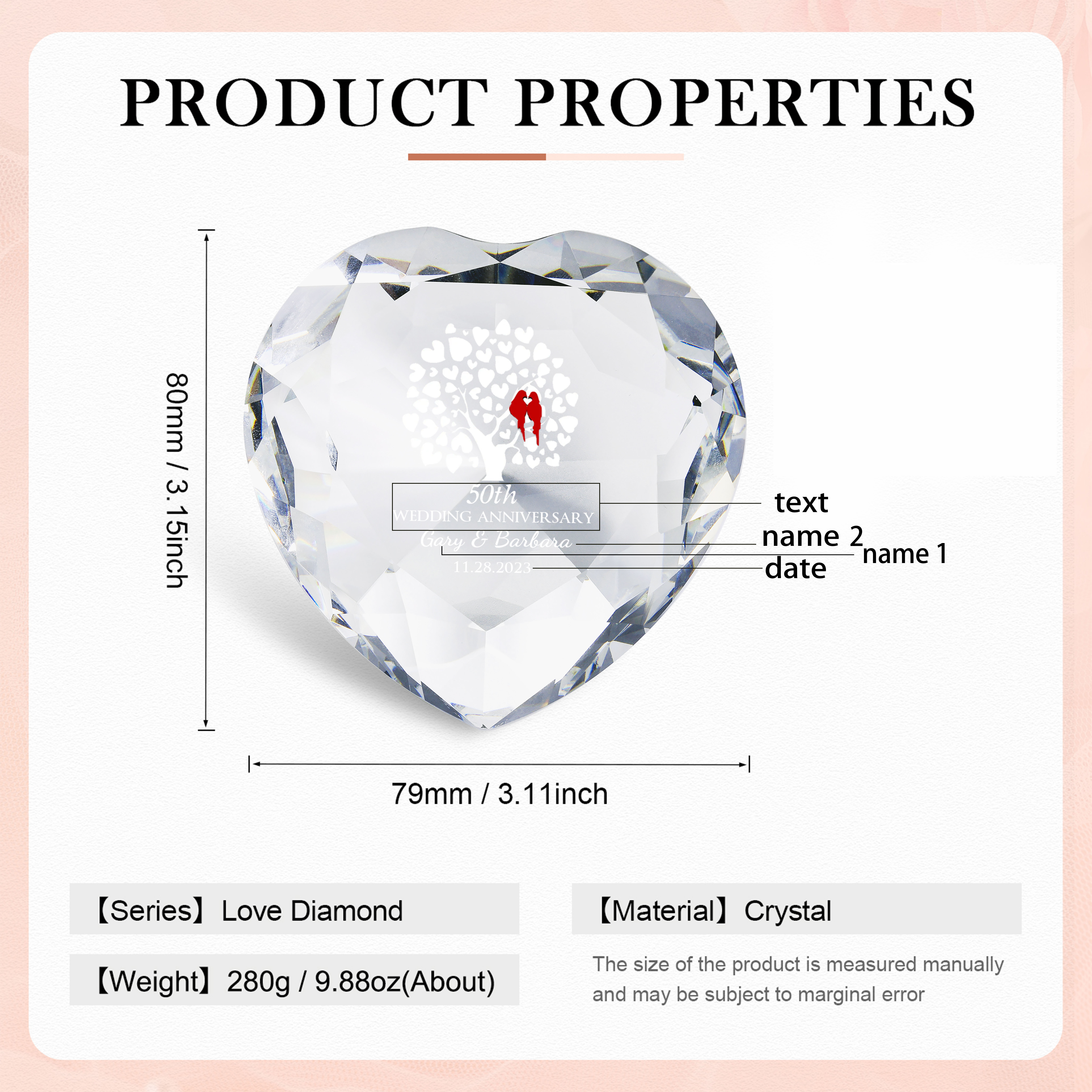 Décoration Cristal Cœur 2 Prénoms Personnalisés avec Texte et Date pour Couple