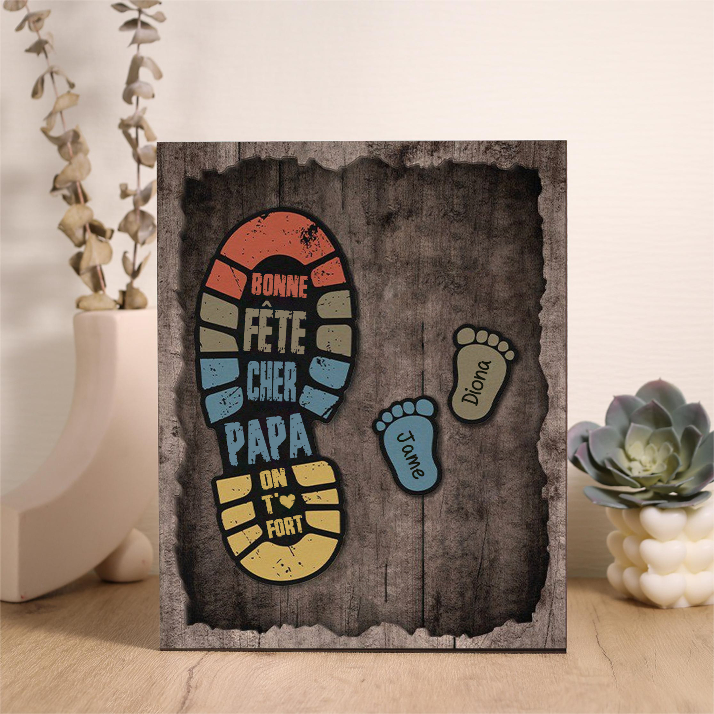 À Mon Papa-Cadre en Bois Pieds Bébé 2 Prénoms Personnalisés