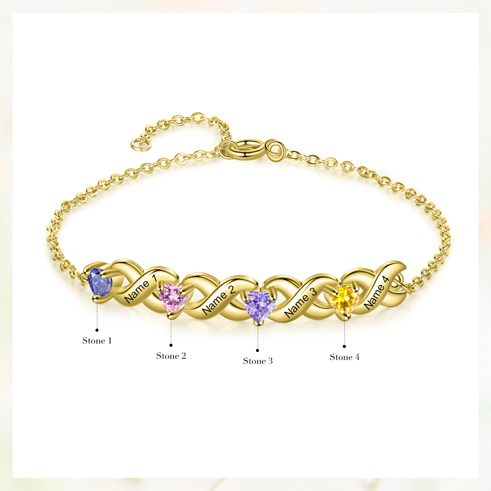 Bracelet à Breloque 4 Prénoms Personnalisé avec 4 Pierres de Naissance