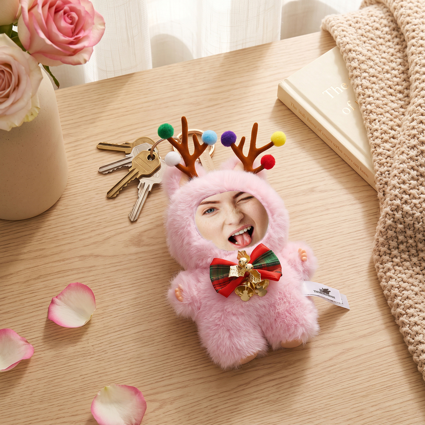 Porte-clés photo personnalisé en peluche d’élan de Noël