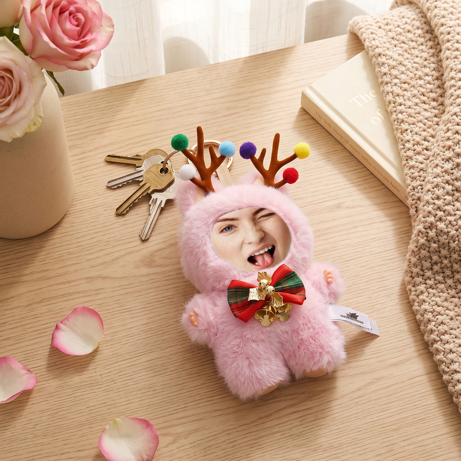 Porte-clés photo personnalisé en peluche d’élan de Noël
