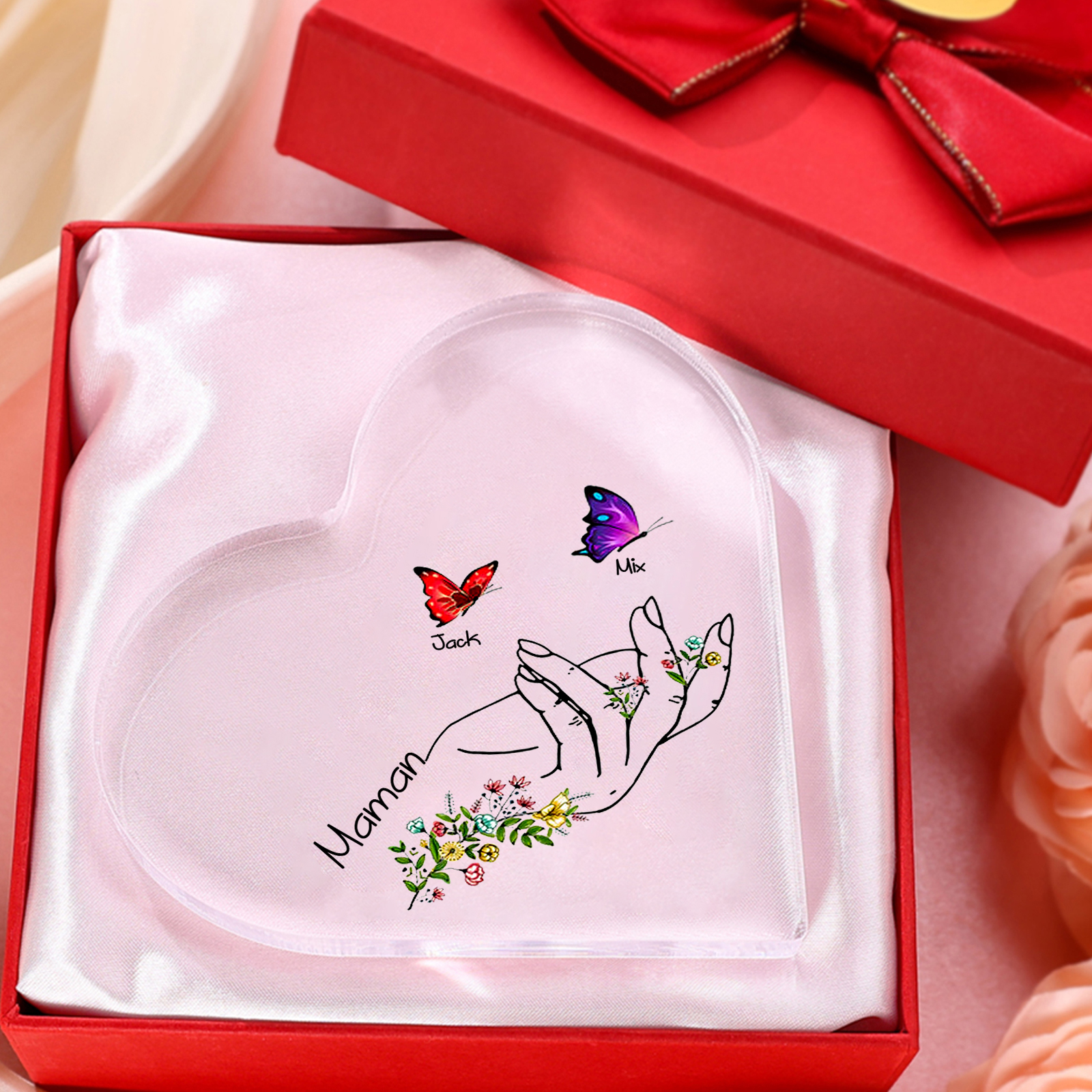 À Maman/Mamie - Plaque Acrylique en forme de Coeur Personnalisé avec 2 Prénoms et Texte Cadeau Famille | Jessemade