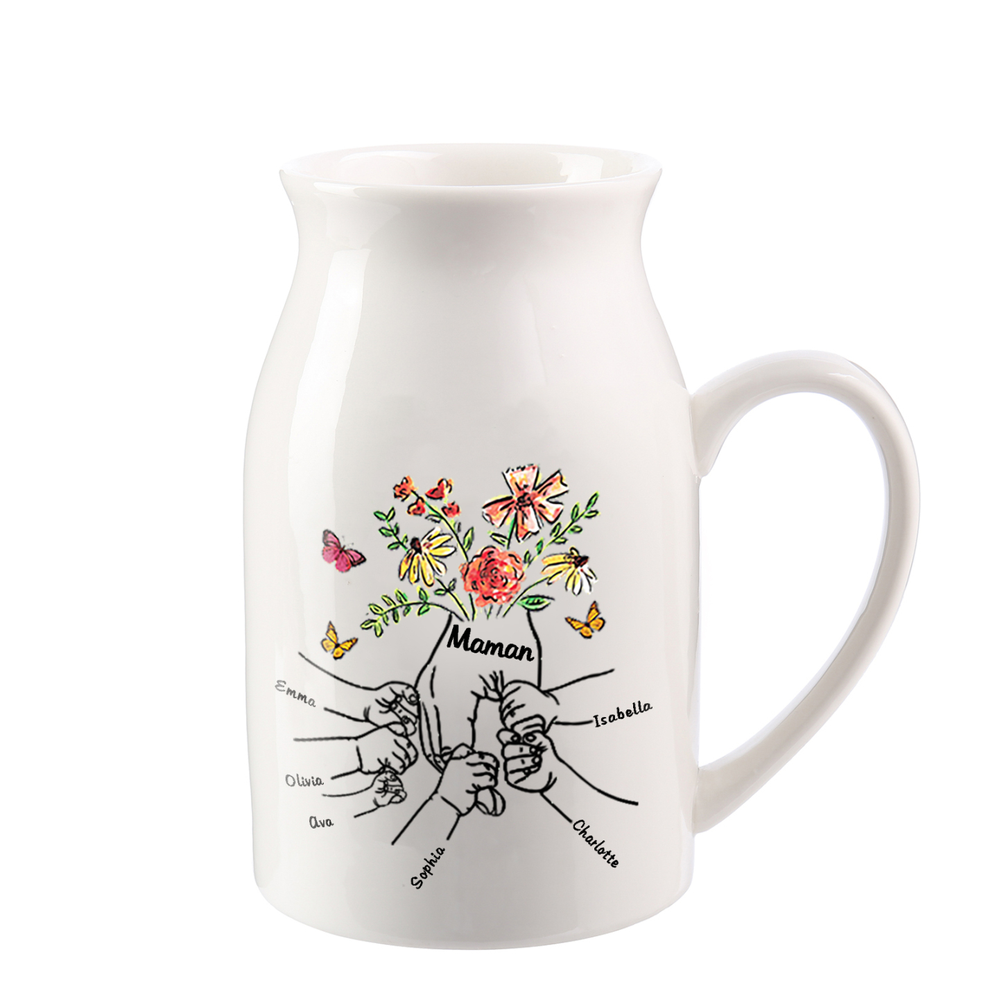 Vase à Fleurs la Main dans la Main 6 Prénoms Personnalisés avec Texte Décoration de la Maison