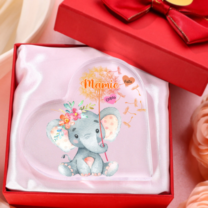 À ma Mamie - Plaque Acrylique Éléphant en Forme de Cœur 2 Prénoms Personnalisés