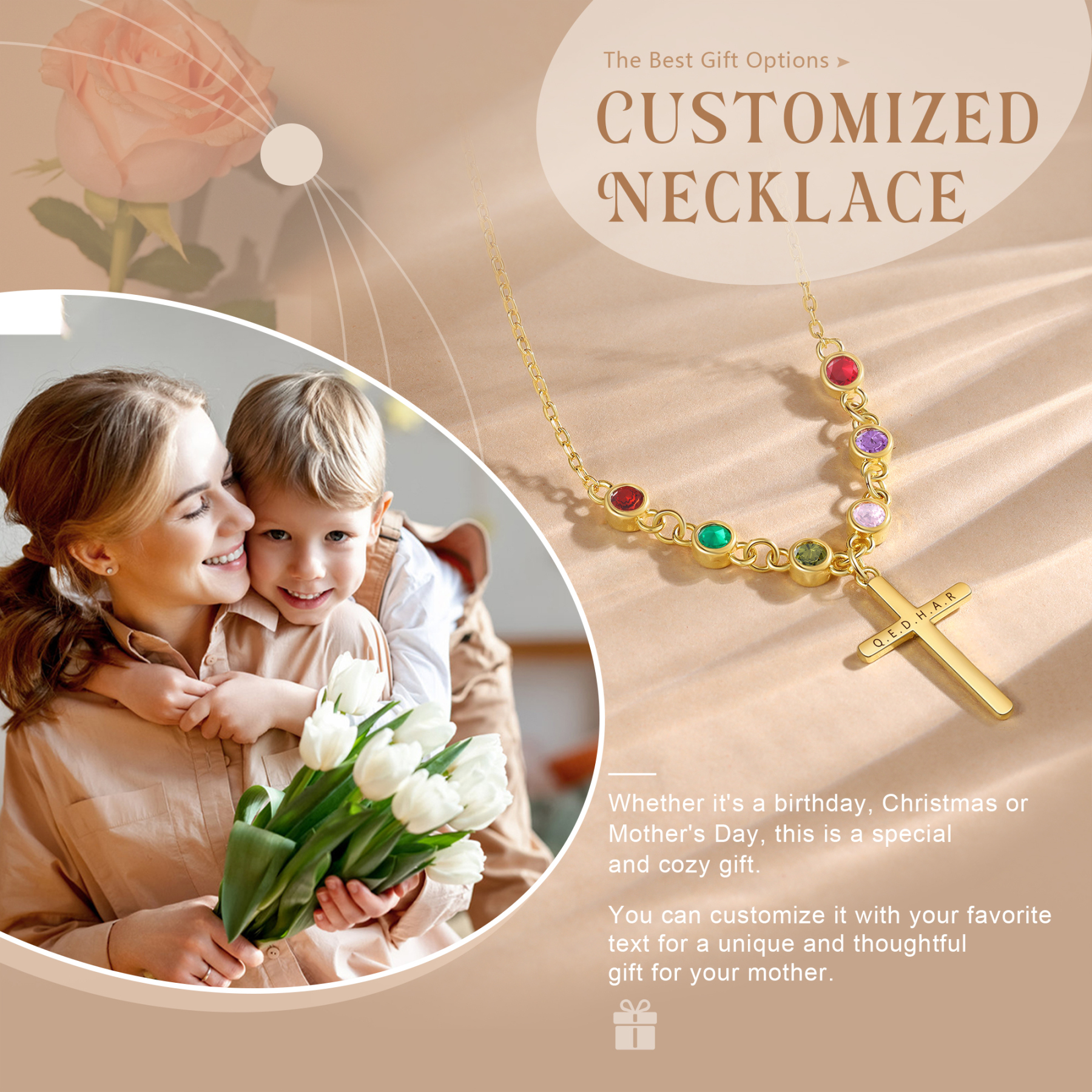 Collier Croix 6 Pierres de Naissance Personnalisés avec Texte Collier pour Femmes