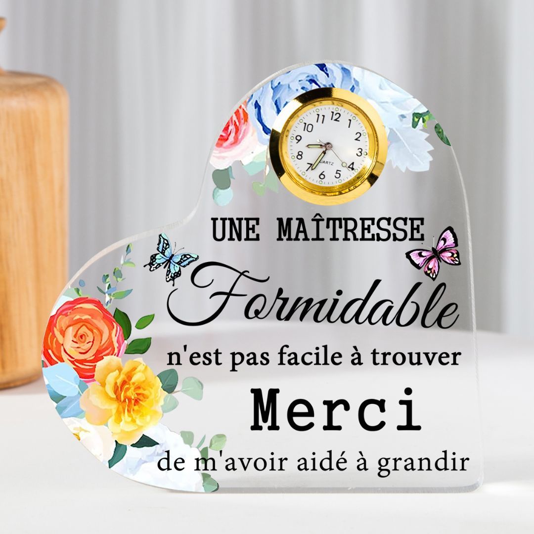 À Ma Maîtresse -Plaque Acrylique en Forme de Coeur avec Horloge Fleur