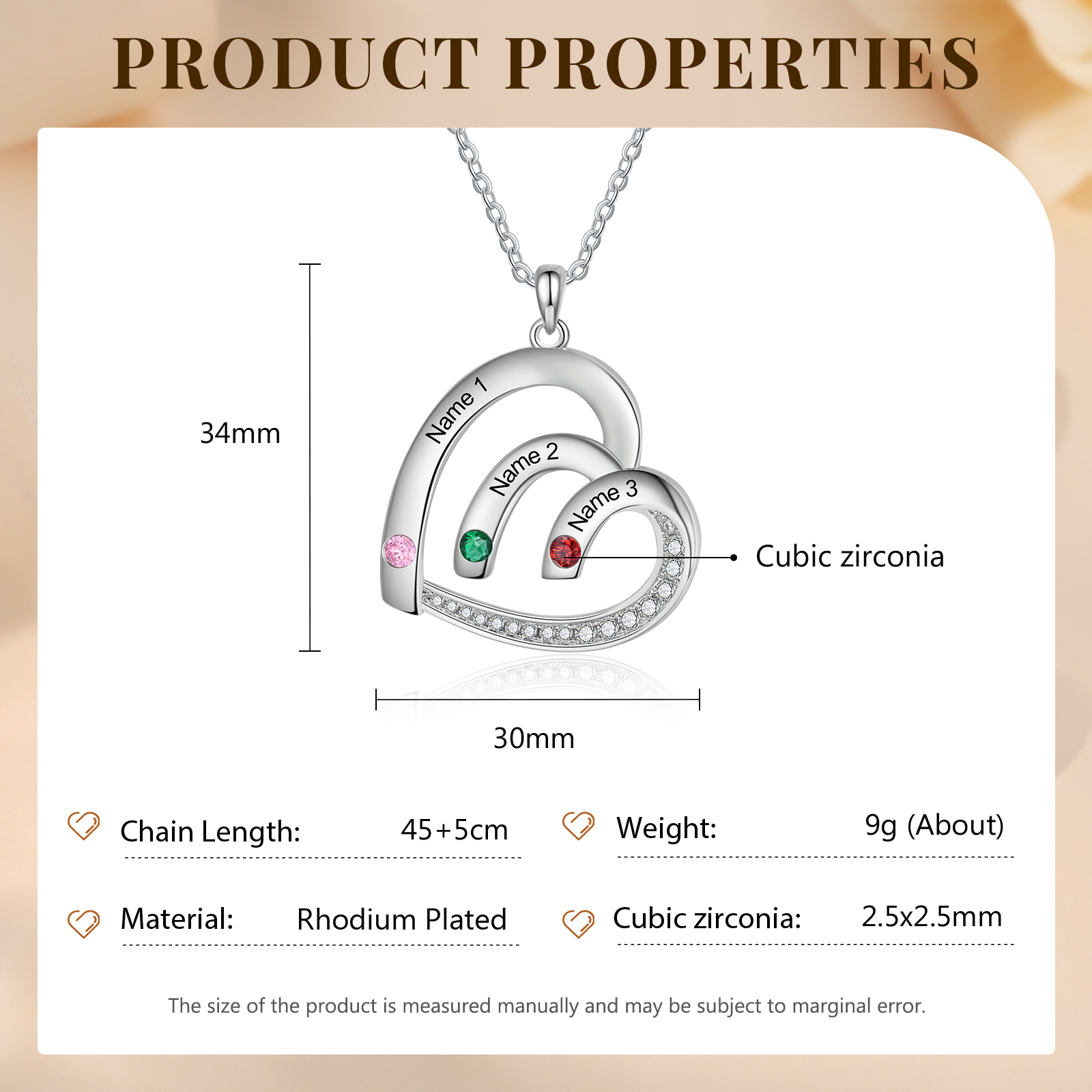 Collier Pendentif Cœur 3 Prénoms Personnalisés avec Pierre de naissance pour Femmes