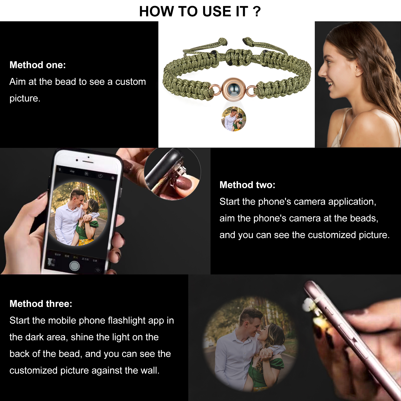 Bracelet en corde tressée avec Photo Personnalisée Bracelet Photo Projection Vert｜Jessemade