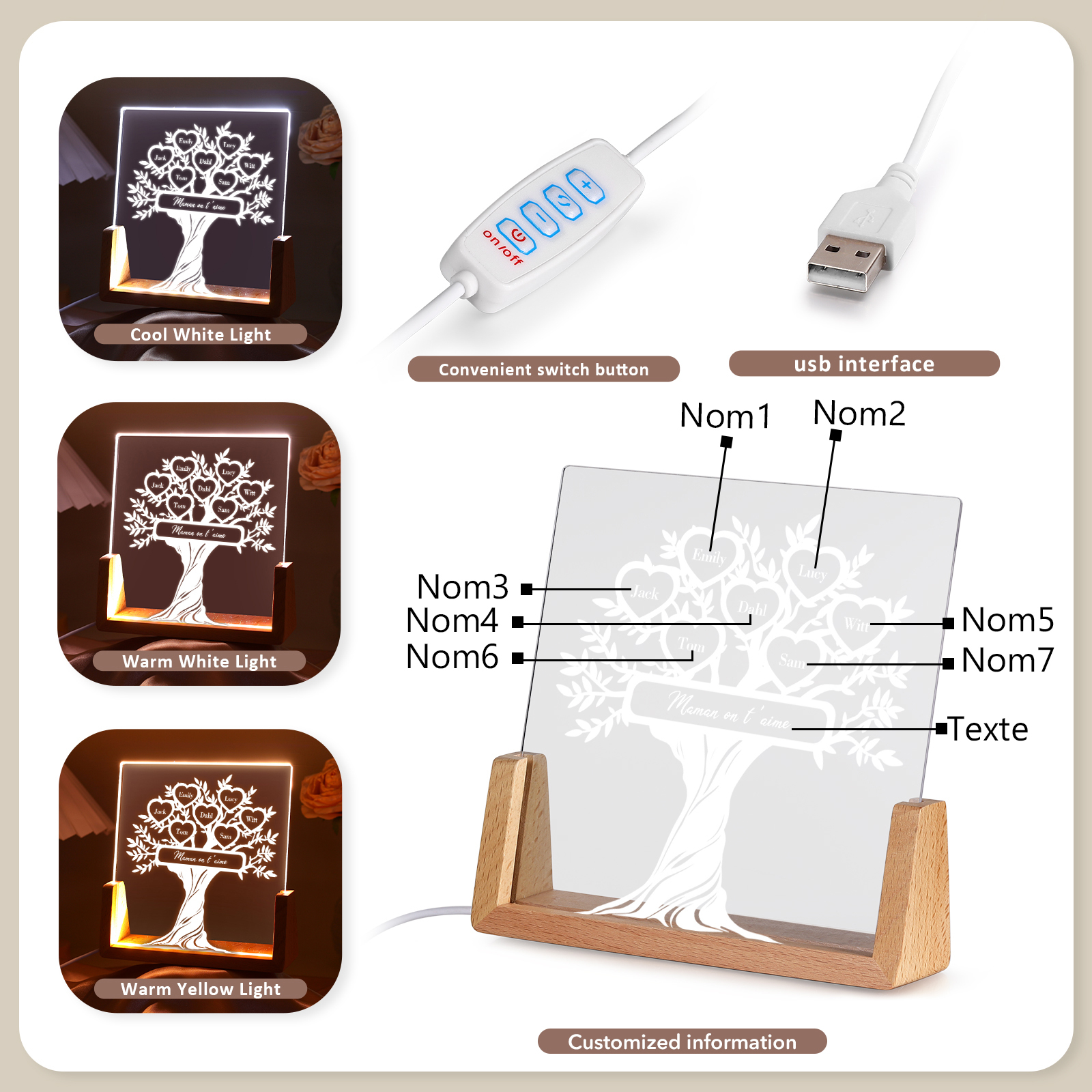 À Maman/Mamie - Lampe de chevet LED Arbre de Vie 7 Prénoms Personnalisés avec Texte pour Famille