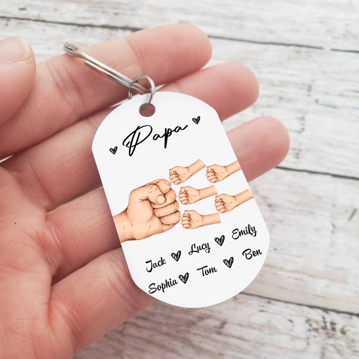 À Papa/Papi - Porte-Clés Poings 6 Prénoms Personnalisés
