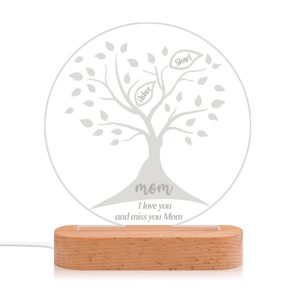 Lampe de chevet LED Arbre de vie Arbre généalogique 2 prénoms personnalisés avec 2 textes