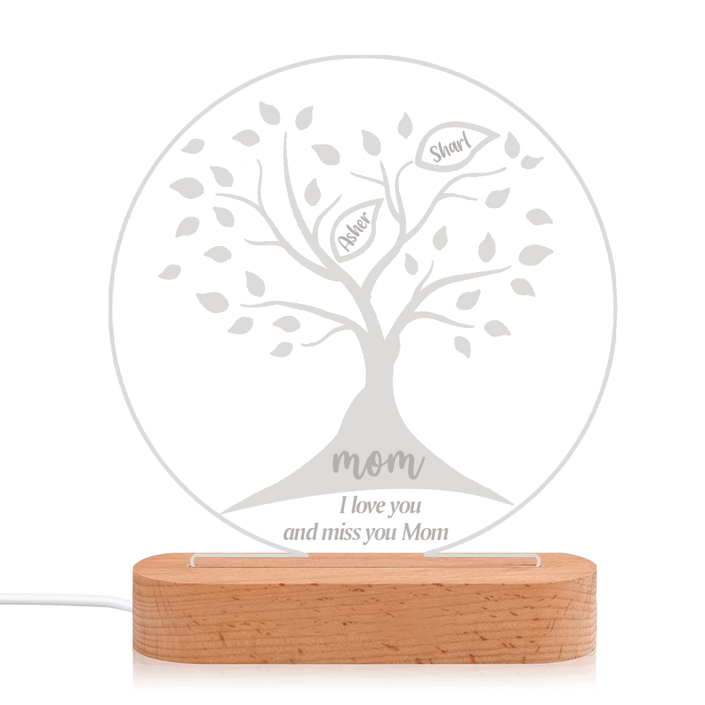 Lampe de chevet LED Arbre de vie Arbre généalogique 2 prénoms personnalisés avec 2 textes