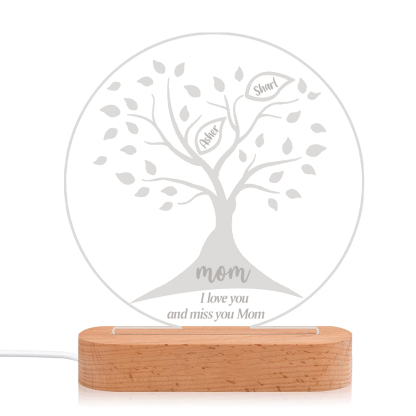 Lampe de chevet LED Arbre de vie Arbre généalogique 2 prénoms personnalisés avec 2 textes
