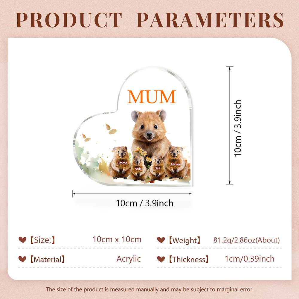 À ma Maman/Mamie - Plaque Acrylique en Forme de Cœur 4 Prénoms Personnalisés avec 1 Texte