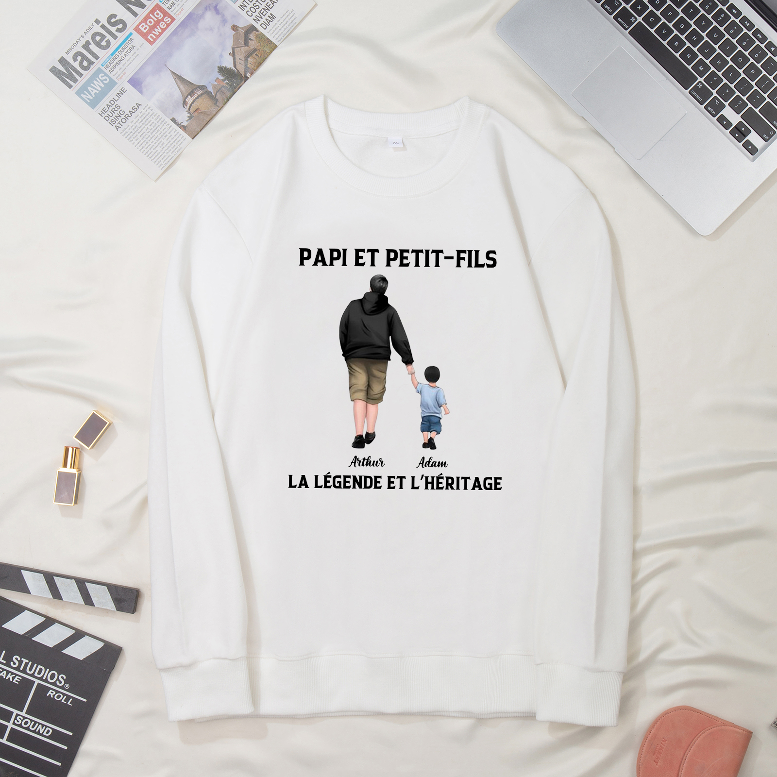 À mon Papi - Sweat-Shirt Papi et Petit-Fils 2 Prénoms Personnalisés