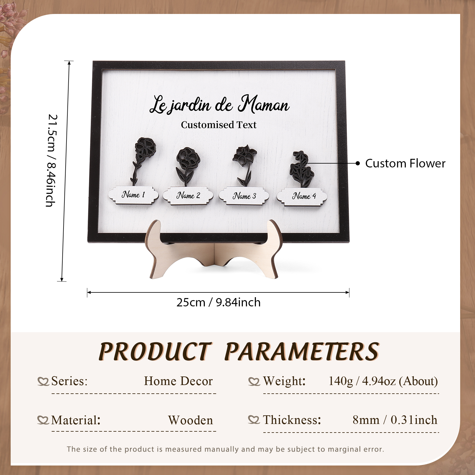 À ma Maman - Décoration en bois Fleurs 4 Prénoms Personnalisés avec Fleurs de naissance Ornement pour Famille