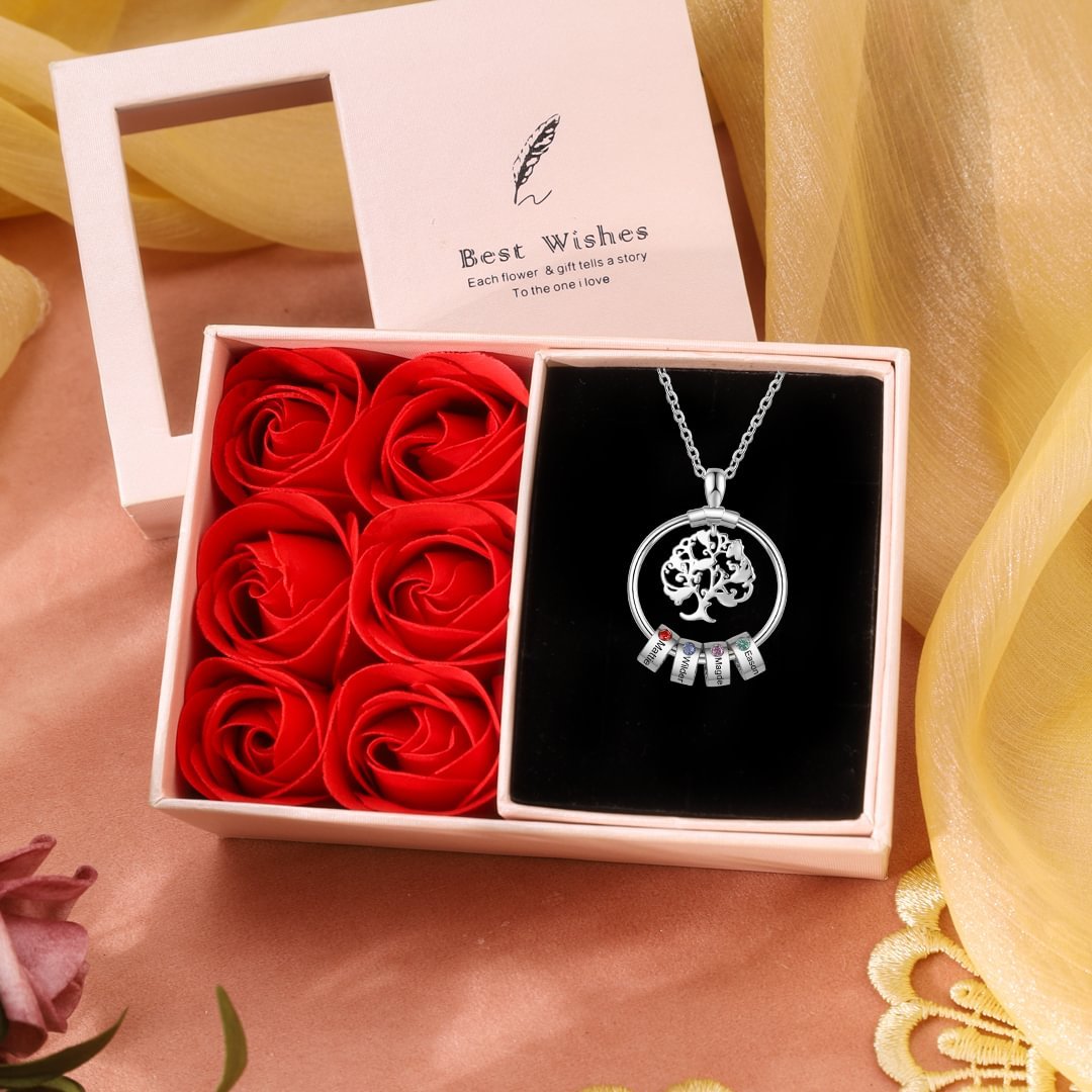 Collier Pendentif Arbre de vie Arbre généalogique 4 Prénoms Personnalisés avec Pierre de Naissance