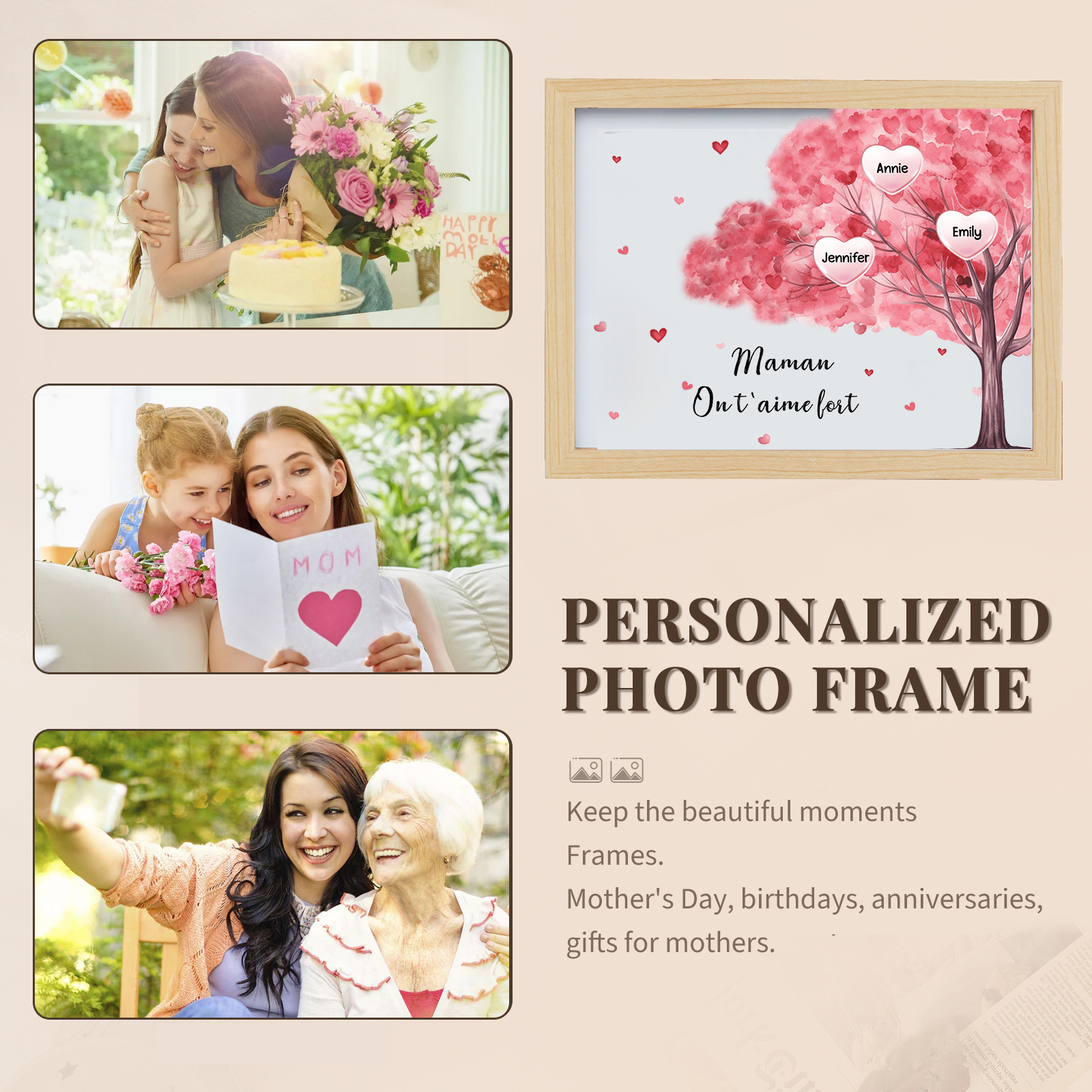 Cadre Photo LED Arbre 3 Prénoms Personnalisés avec 1 Texte Décoration Famille