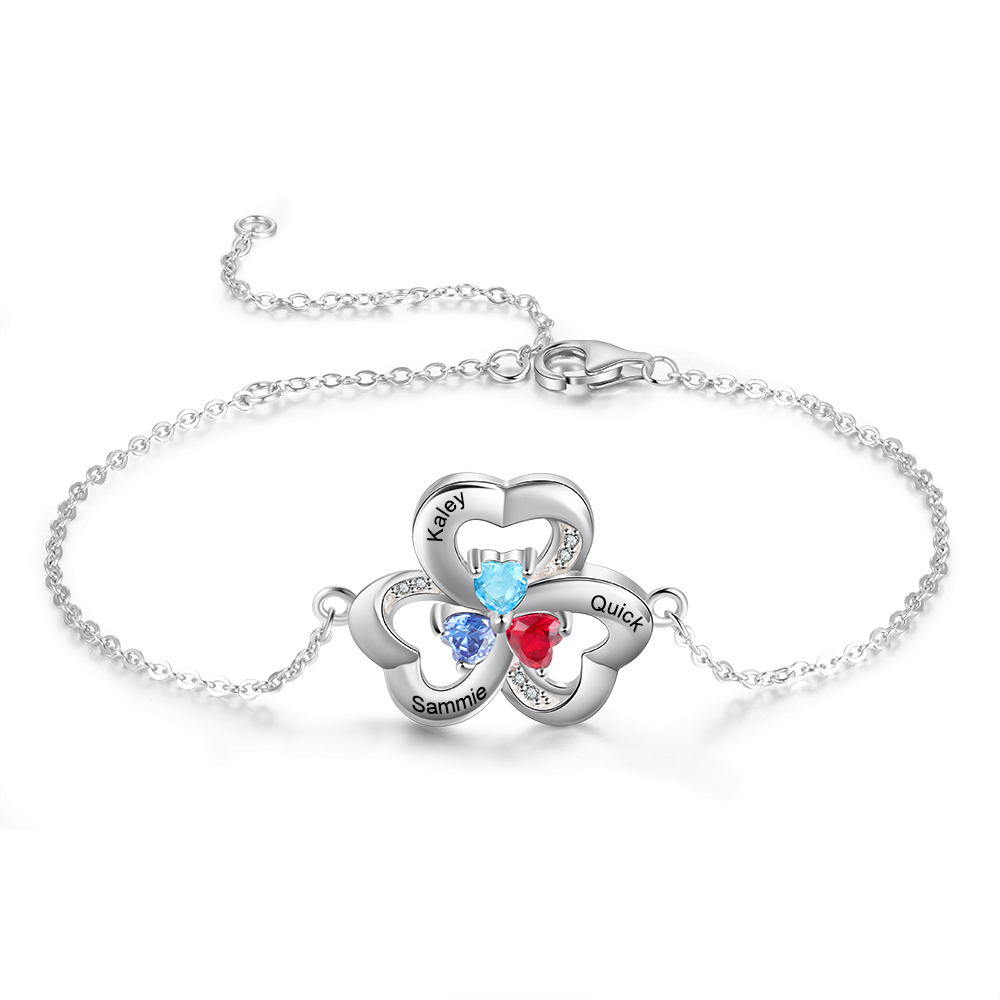 Bracelet en argent 925 1-3 Prénom Personnalisé avec 1-3 Pierre de Naissance