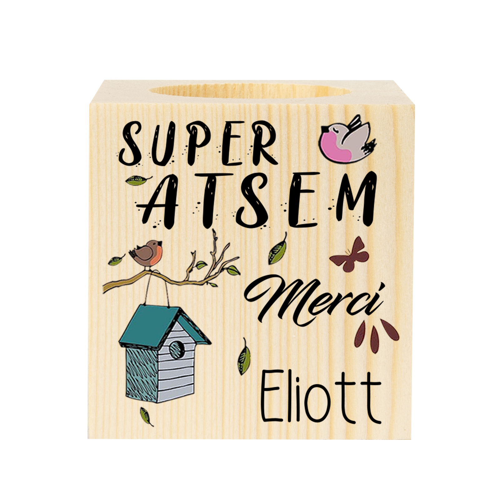 Merci ATSEM-Bougeoir en Bois personnalisé avec Prénom sans Bougie Cadeau fin d’année | Jessemade