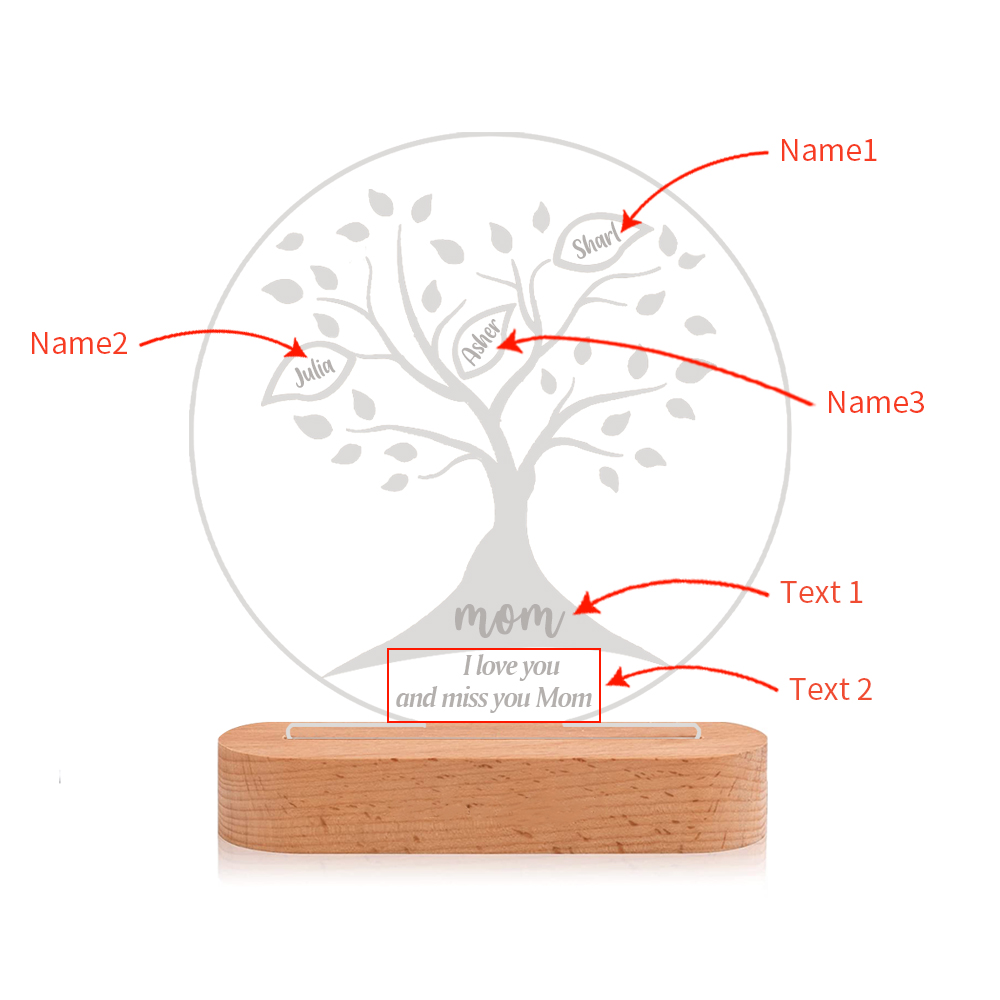 Lampe de chevet LED Arbre de vie Arbre généalogique 3 prénoms personnalisés avec 2 textes