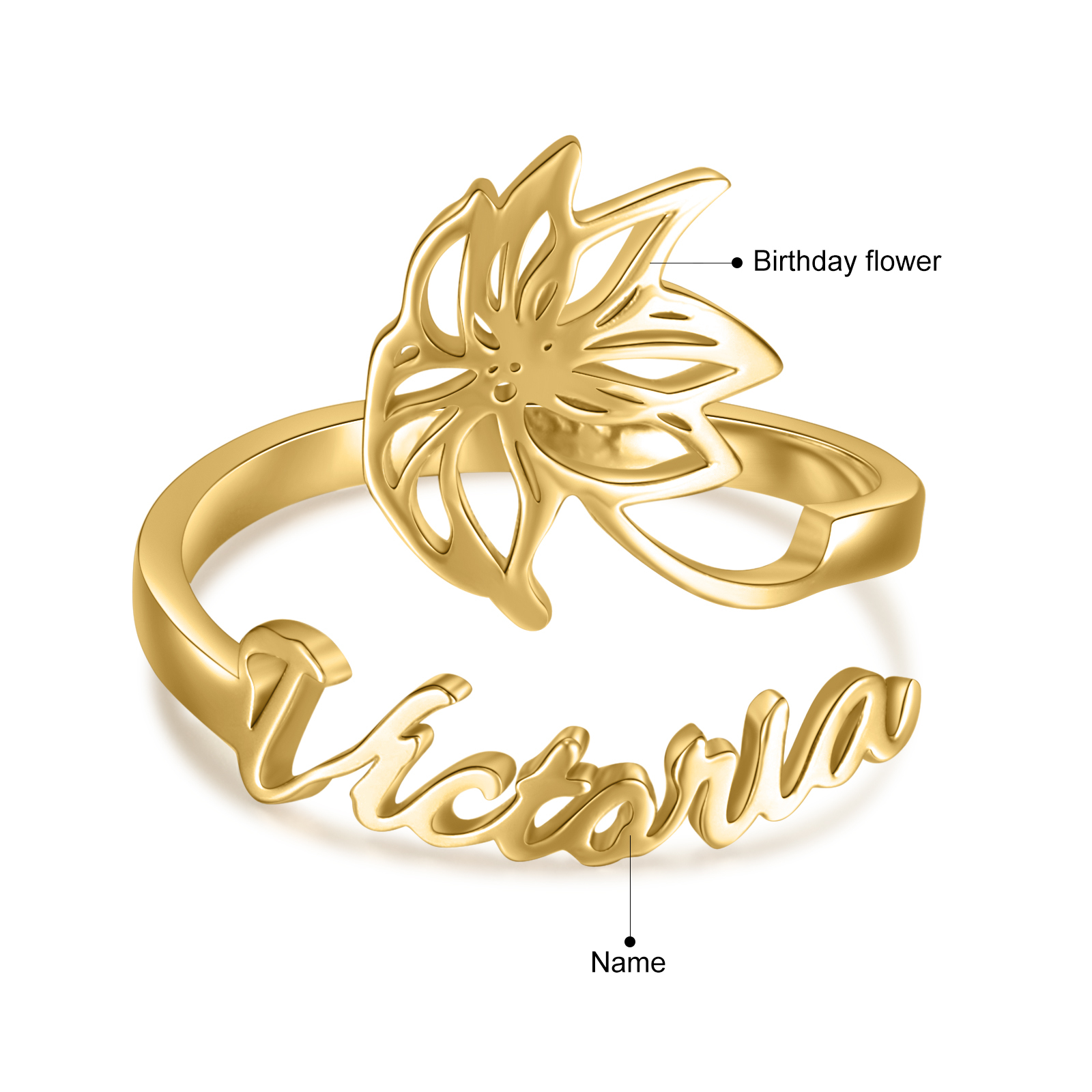 Décembre Bague Ajustable prénom personnalisé fleur de naissance