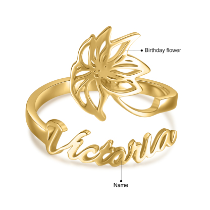 Décembre Bague Ajustable prénom personnalisé fleur de naissance