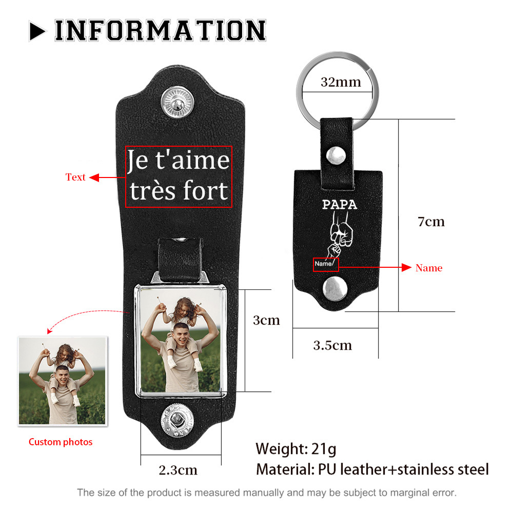 À mon Papa - Porte-Clés Cuir Poings 1 Prénom Personnalisé avec Photo et Texte | Jessemade
