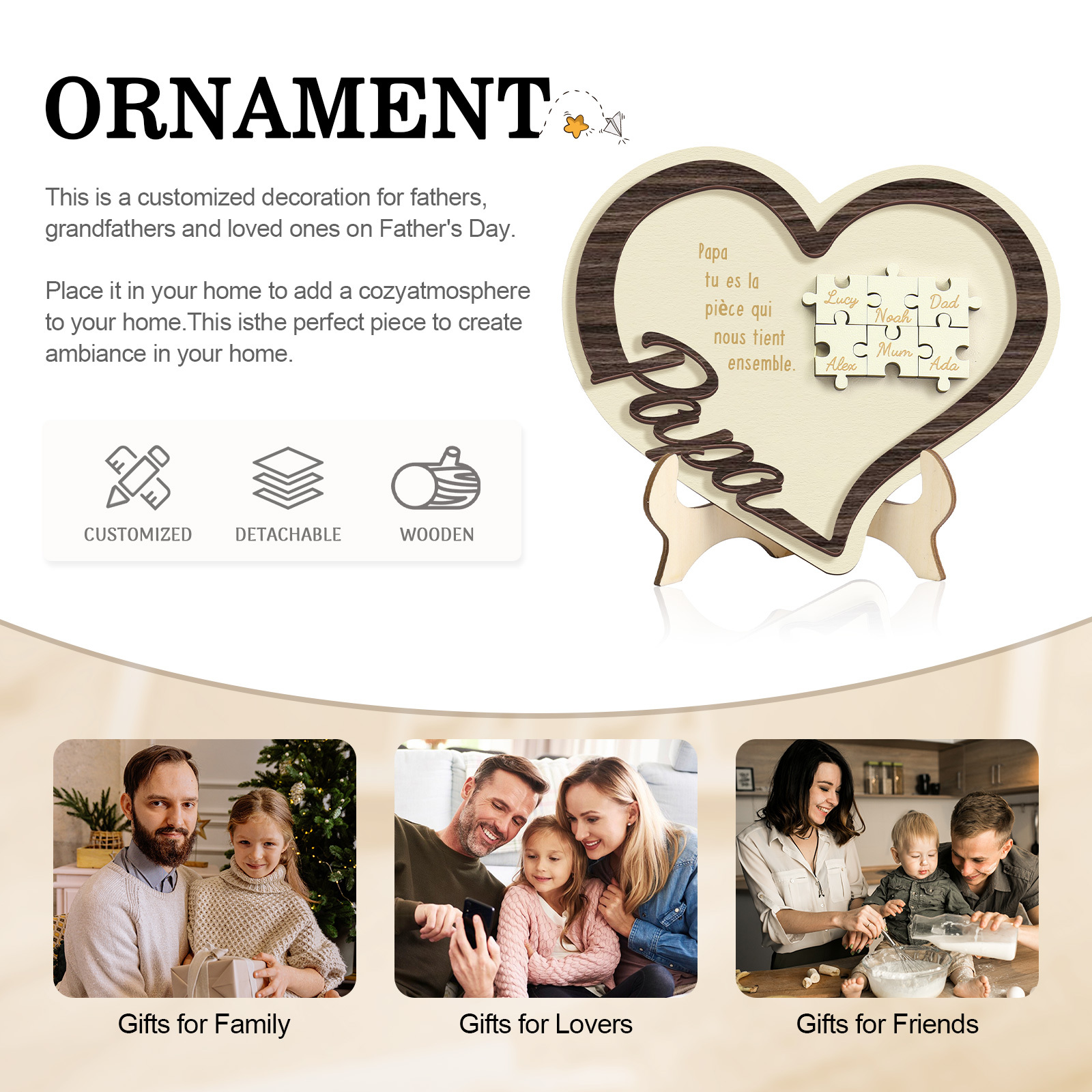 À mon Papa - Décoration en bois Cœur Puzzle 6 Prénoms Personnalisés Ornement pour Famille
