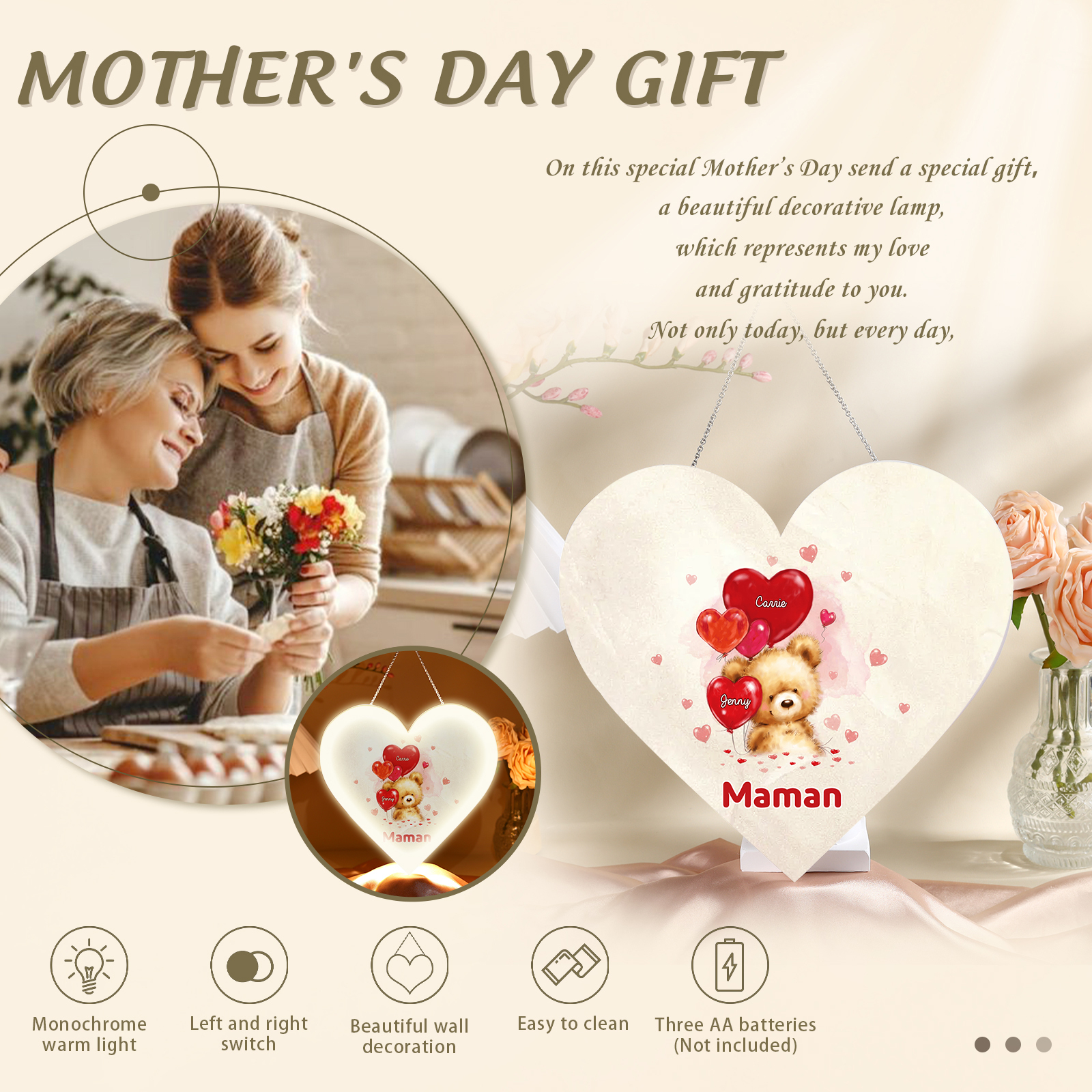 À Maman/Mamie - Veilleuse Cœur Décoration Ours 2 Prénoms Personnalisés avec 1 Texte