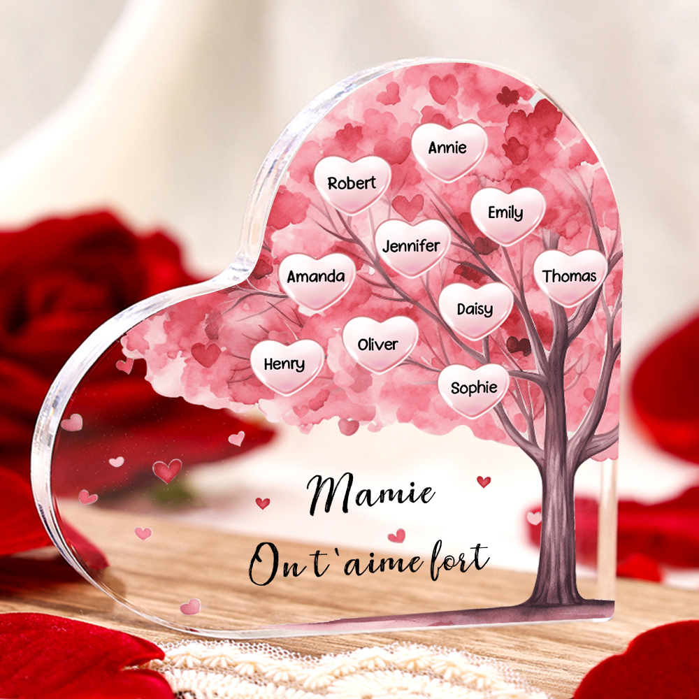 À ma Maman/Mamie - Plaque Acrylique Arbre en Forme de Cœur 10 Prénoms Personnalisés avec 1 Texte