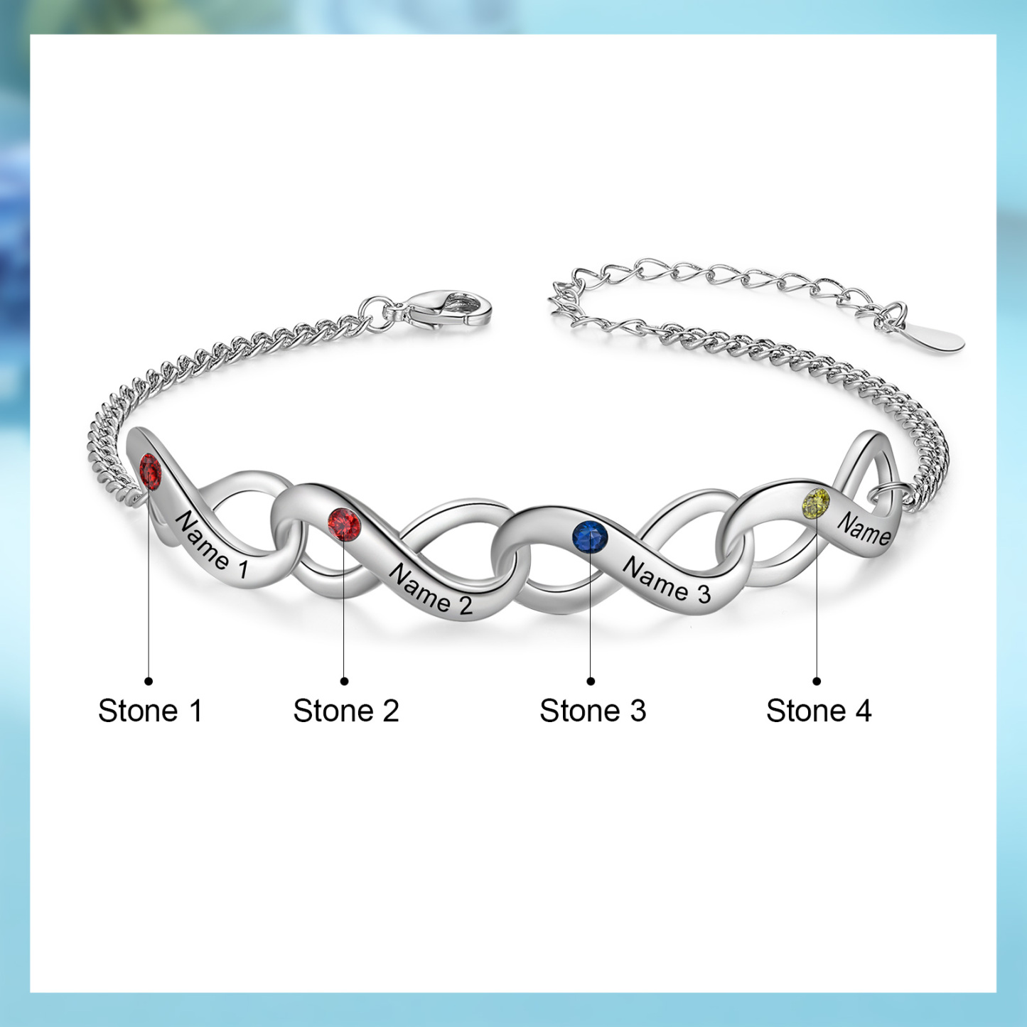 Bracelet Infini 4 Prénoms Personnalisés avec Pierres de Naissance pour Femme