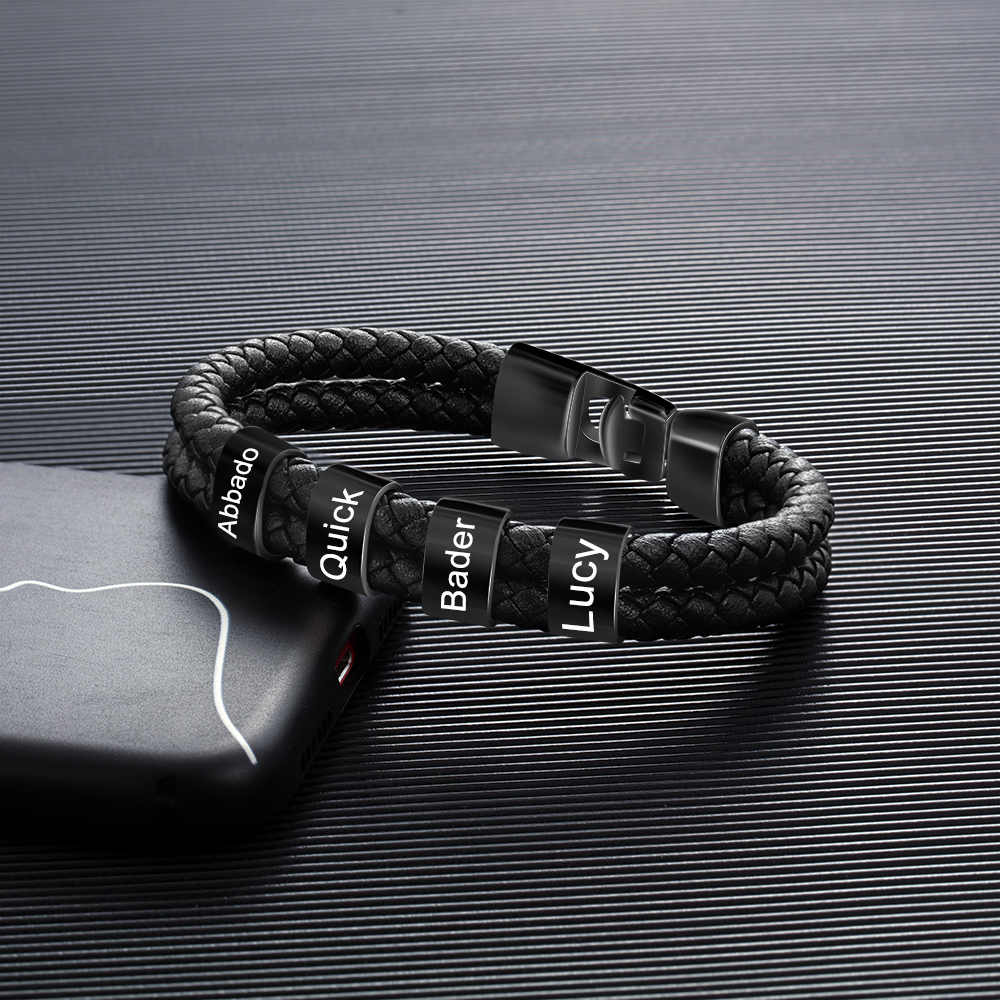 À mon Papa - Bracelet Personnalisé Homme Bracelet Cuir tressé 4 Perles et Prénoms Personnalisés|Jessemade