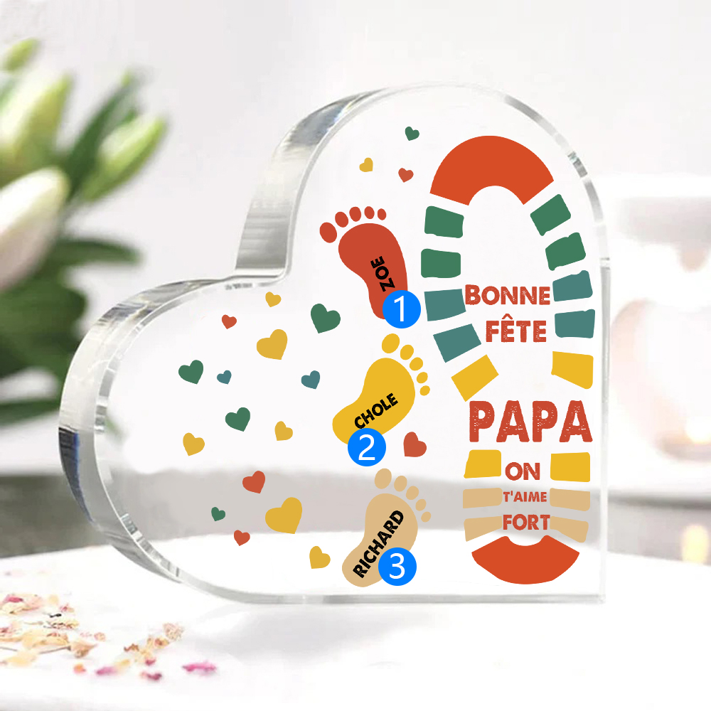 À mon Papa - Plaque Acrylique en Forme de Cœur Empreintes 3 Prénoms Personnalisés