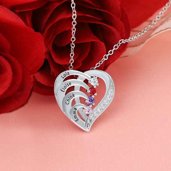 Jessemade FR À Ma magnifique Maman - Collier Prénom Personnalis cœur en Argent 925 4 Prénoms 4 pierre de naissance