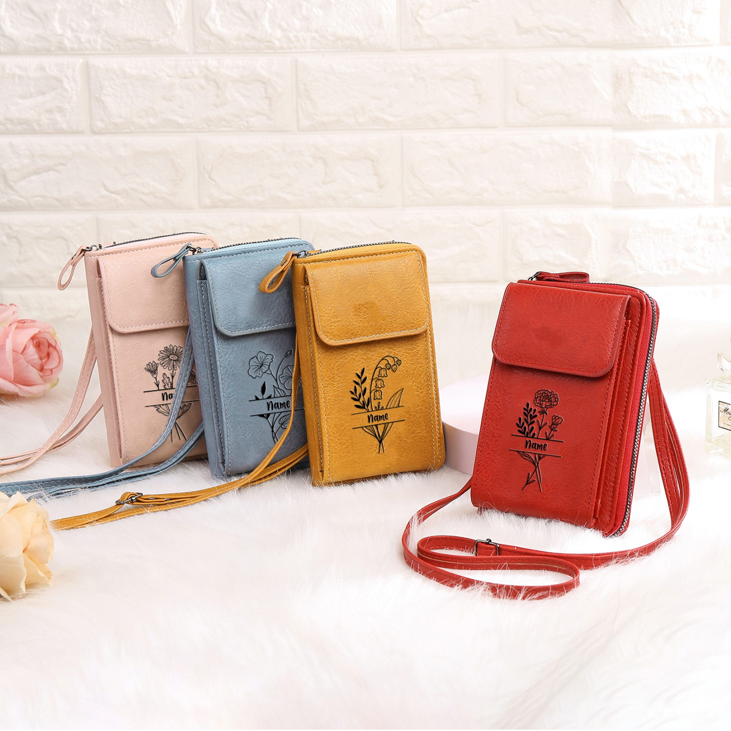 Portefeuille/Sac Bandoulière Femmes 1 Prénom et Fleur de Naissance Personnalisés